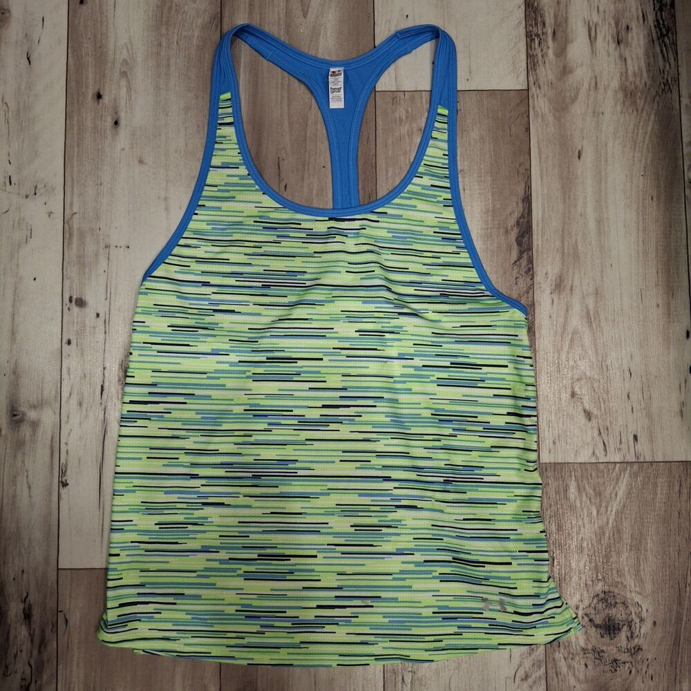 Under Armour Yoga Workout Racer T Back Green Blue Striped Top Women Size M